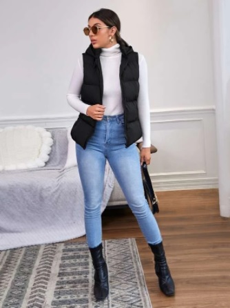 SHEIN ジップアップ 腰ポケット フード付き ノースリーブ パッファーコート2