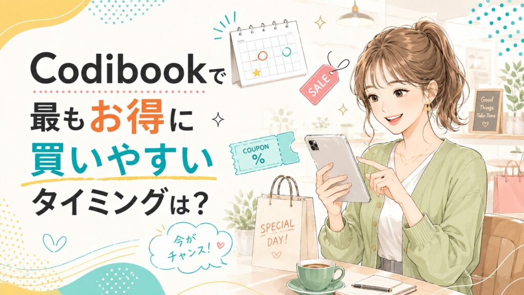 カレンダーやセール、クーポン情報を見ながらCodibookのお得な購入タイミングを確認する女性のイラスト