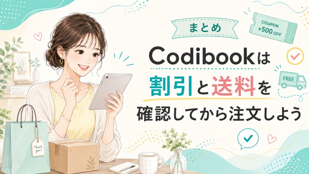 Codibookの割引と送料を確認し、納得して注文する女性を描いたまとめ用イラスト