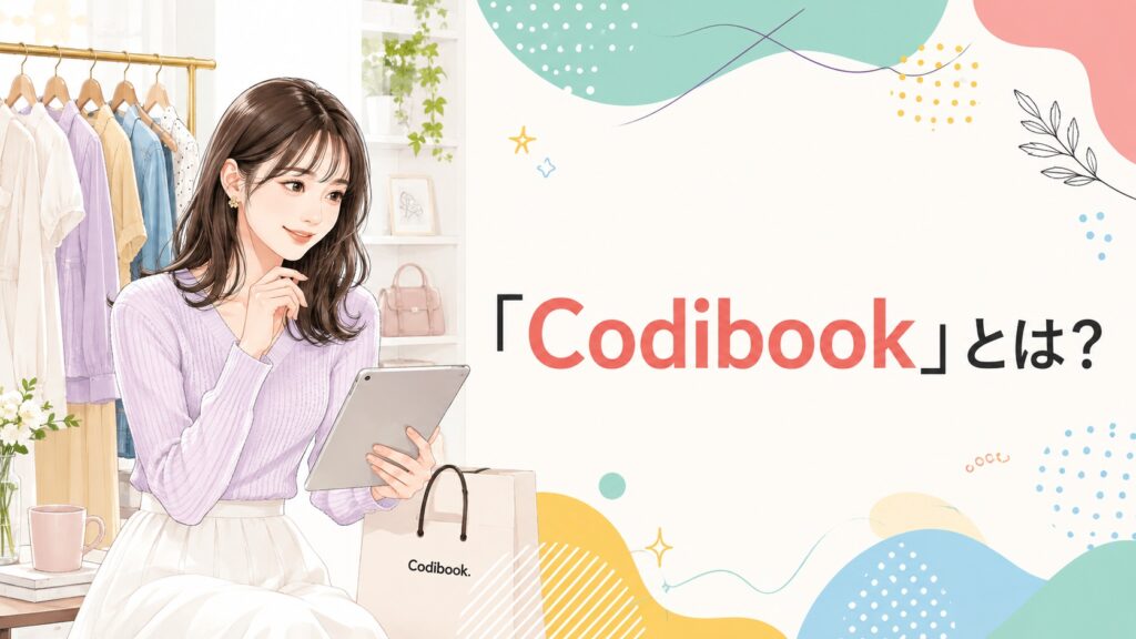 タブレットで韓国ファッションをチェックする女性と「Codibookとは？」の見出しを描いたイラスト