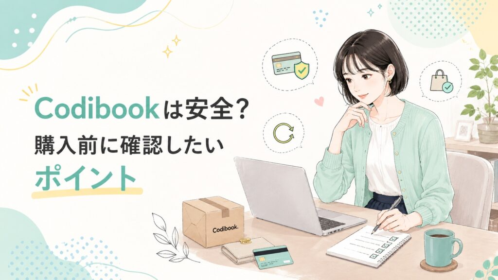 パソコンとチェックリストで購入条件を確認する女性と「Codibookは安全？購入前に確認したいポイント」の見出しを描いたイラスト