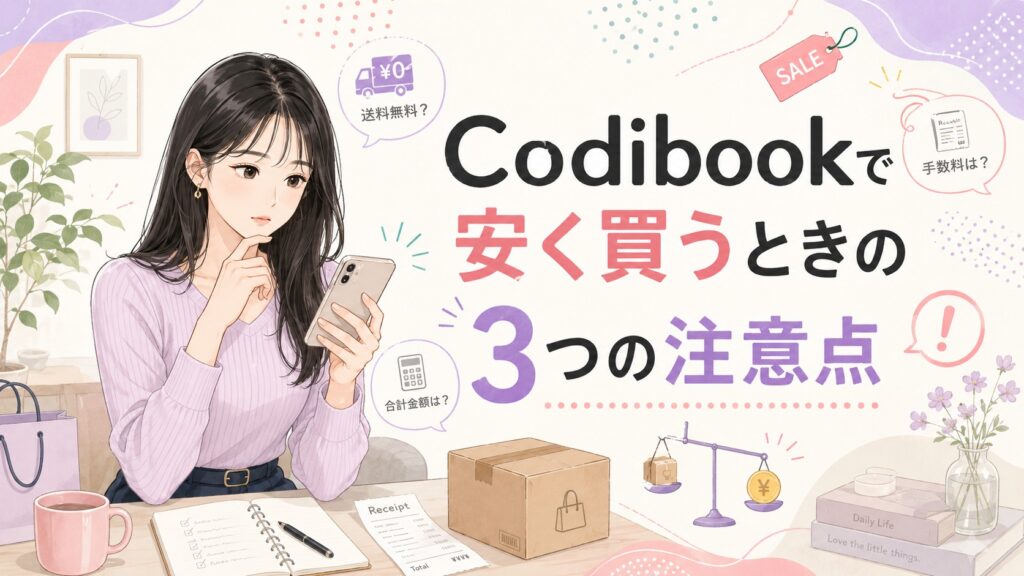 送料や合計金額などをスマートフォンで確認し、Codibookで安く買う際の注意点を考える女性のイラスト