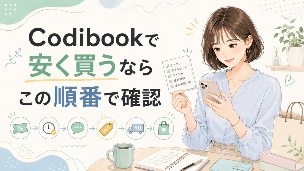 スマートフォンとチェックリストを使い、Codibookで安く買うための確認順序を整理する女性のイラスト