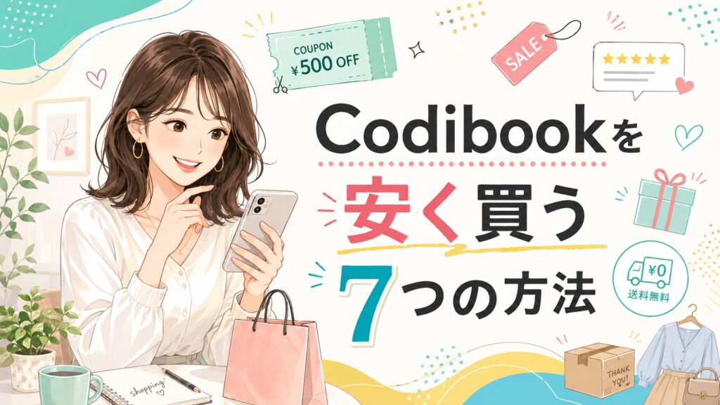 スマートフォンでクーポンやセール情報を確認しながら、Codibookを安く買う方法を調べる女性のイラスト