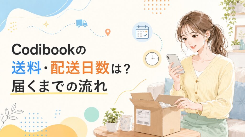 届いた荷物を開封しながらスマートフォンで配送状況を確認する女性と「Codibookの送料・配送日数は？届くまでの流れ」の見出しを描いたイラスト