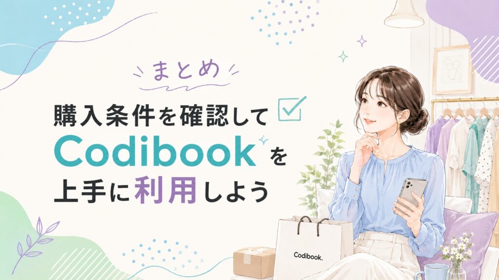 スマートフォンを持つ女性と買い物袋を配置し「購入条件を確認してCodibookを上手に利用しよう」とまとめたイラスト