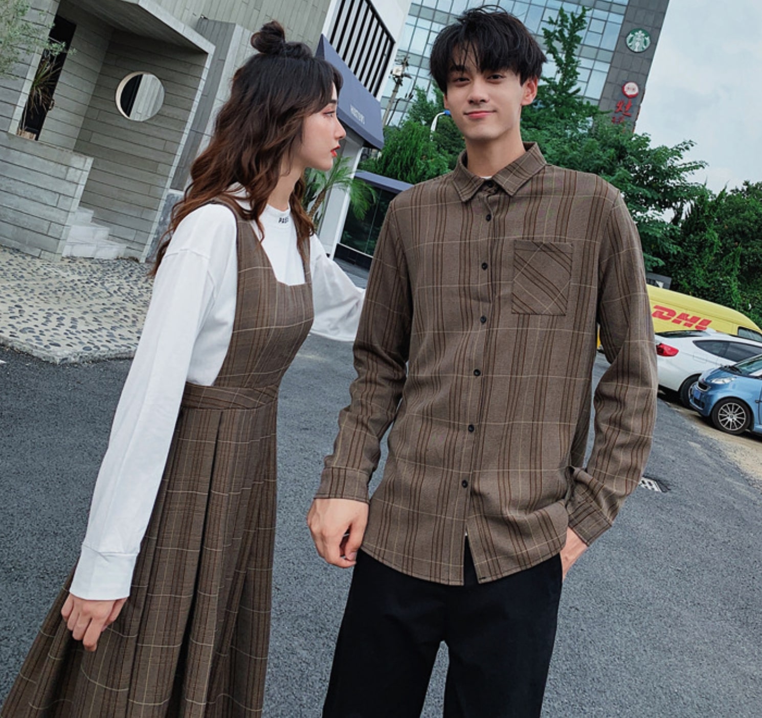 Pairl シミラールック グレンチェックシャツ・ノースリーブワンピース②