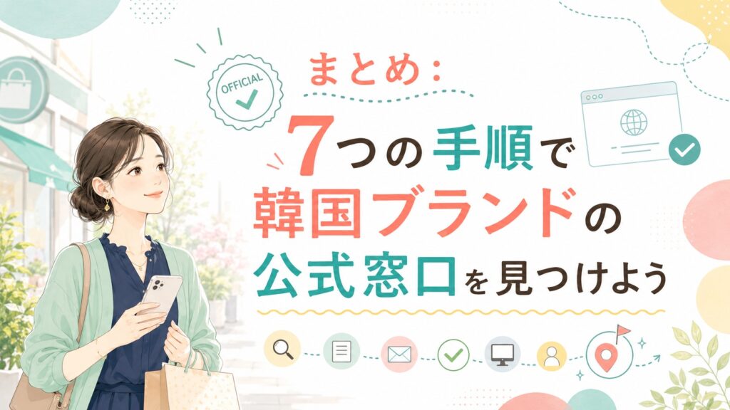 7つの手順で韓国ブランドの公式窓口を見つける流れを、スマートフォンを持つ女性と検索・確認アイコンで表したまとめイラスト