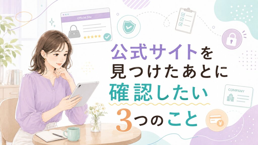 韓国ブランドの公式サイトを見つけたあとに確認したい3つのことを、タブレットで安全性や会社情報を確認する女性で表したイラスト