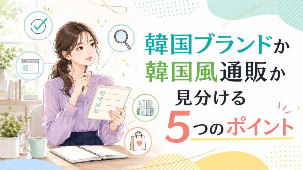 韓国ブランドか韓国風通販か見分ける5つのポイントを、チェックリストを確認する女性と5つの確認アイコンで表したイラスト