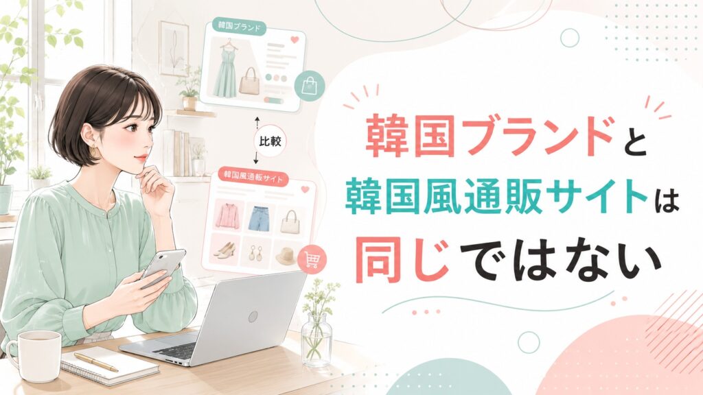 韓国ブランドと韓国風通販サイトの違いを、2つの通販画面を比較する女性とともに表したイラスト