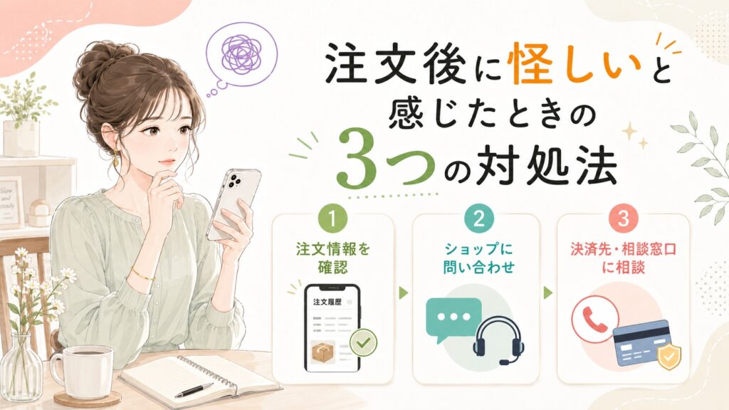 韓国通販の注文後に怪しいと感じた女性が、注文情報の確認・ショップへの問い合わせ・決済先や相談窓口への相談を検討するイラスト