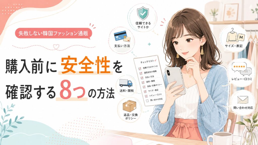 韓国ファッション通販の購入前に、支払い方法や送料、返品条件、口コミなど8つの安全項目を確認する女性
