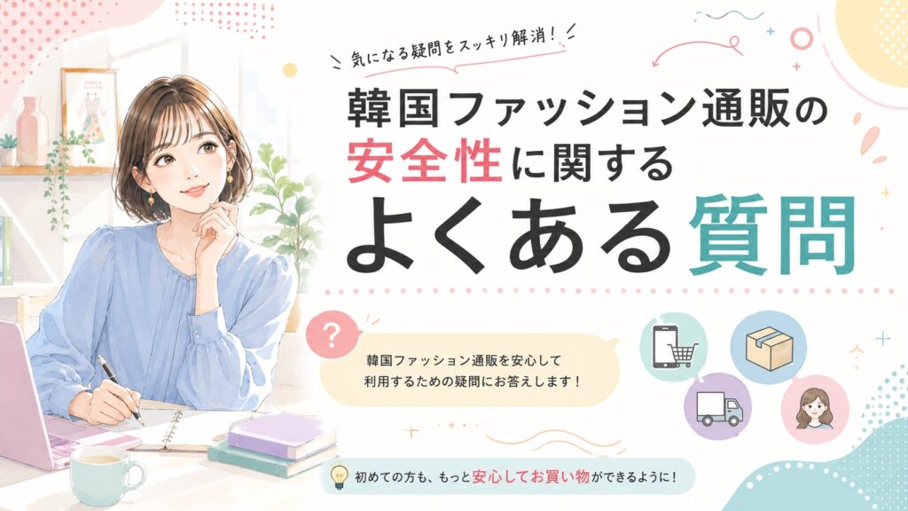 韓国ファッション通販の安全性に関するよくある質問を確認しながら、スマートフォンとノートを使う女性のイラスト