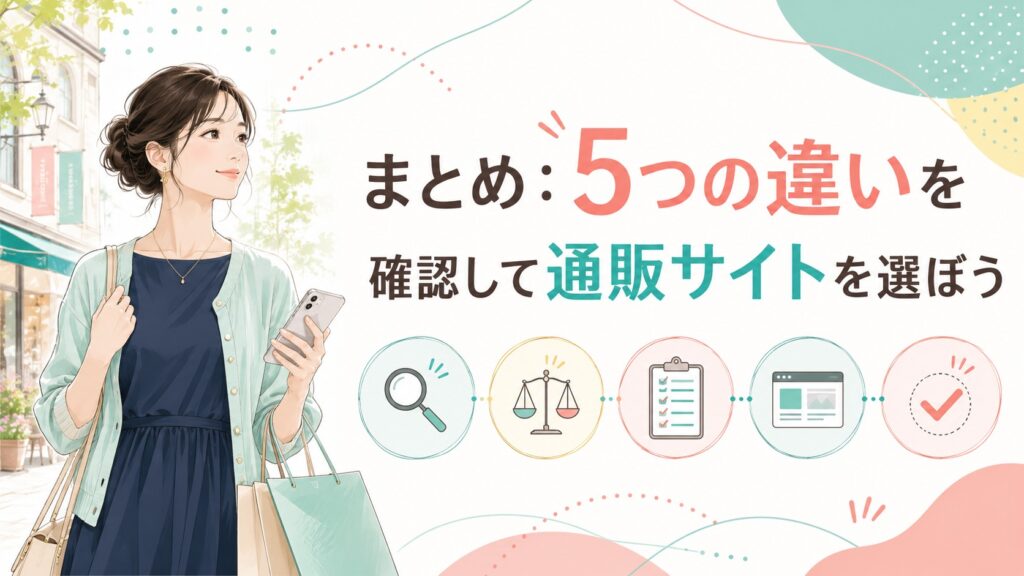 5つの違いを確認して通販サイトを選ぶ流れを、スマートフォンと買い物袋を持つ女性と5つの確認アイコンで表したまとめイラスト