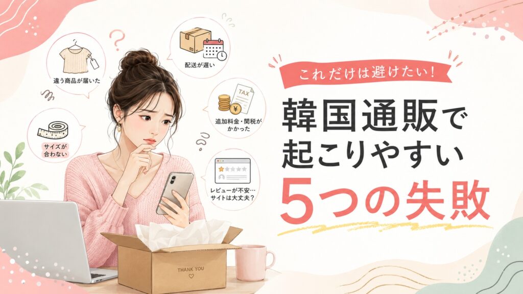 韓国通販で起こりやすい5つの失敗について、スマホを見ながら困る女性とサイズ違いや配送遅延などのトラブル例を描いたイラスト