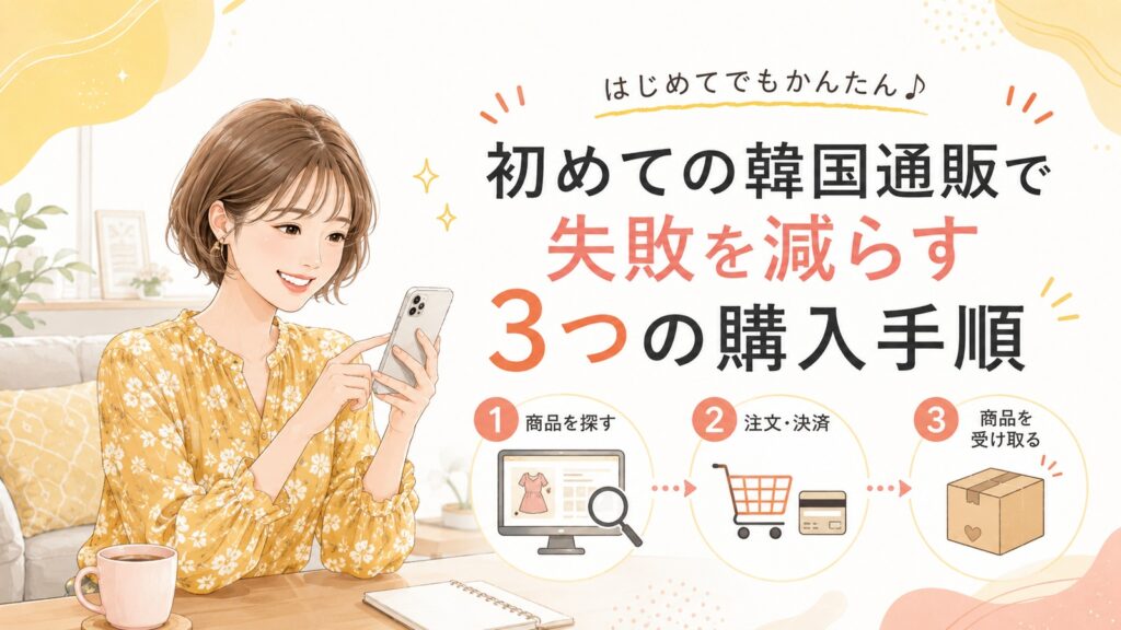 初めての韓国通販で失敗を減らす3つの購入手順を、スマホで買い物する女性と商品検索・注文・受け取りの流れで示したイラスト