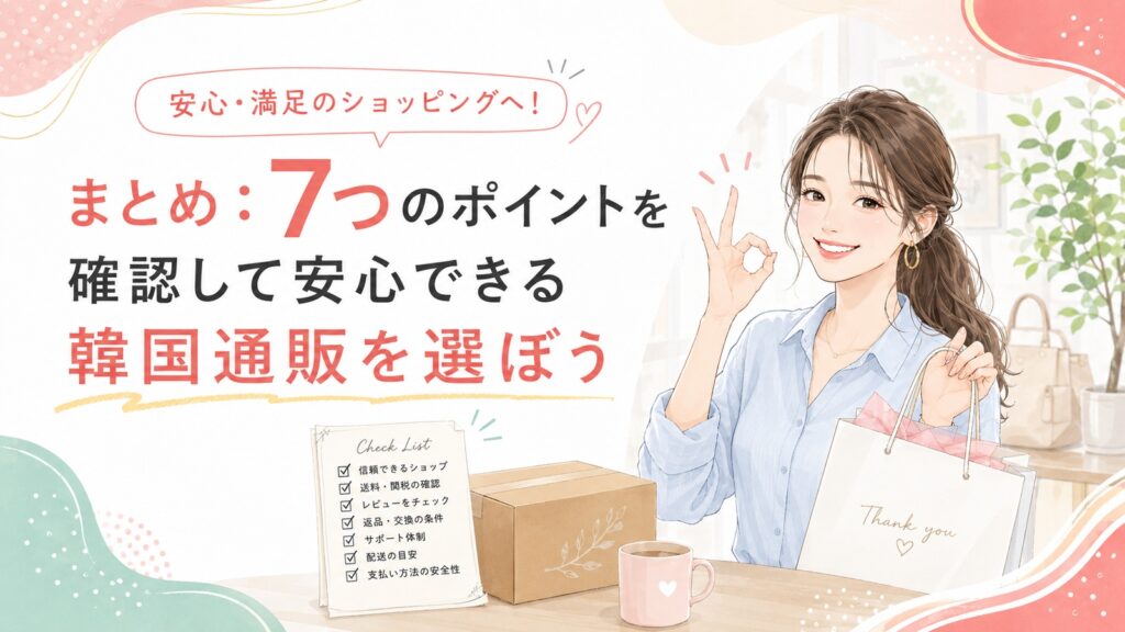 7つのポイントを確認して安心できる韓国通販を選ぶことを表現した、買い物袋を持って笑顔を見せる女性のイラスト