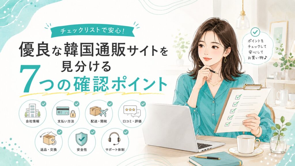 優良な韓国通販サイトを見分ける7つの確認ポイントを、チェックリストを確認する女性とともに描いたイラスト