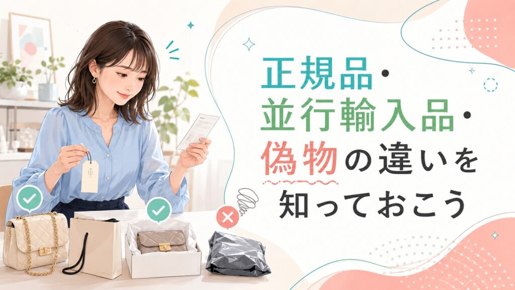 正規品・並行輸入品・偽物の違いを確認する女性のイラスト