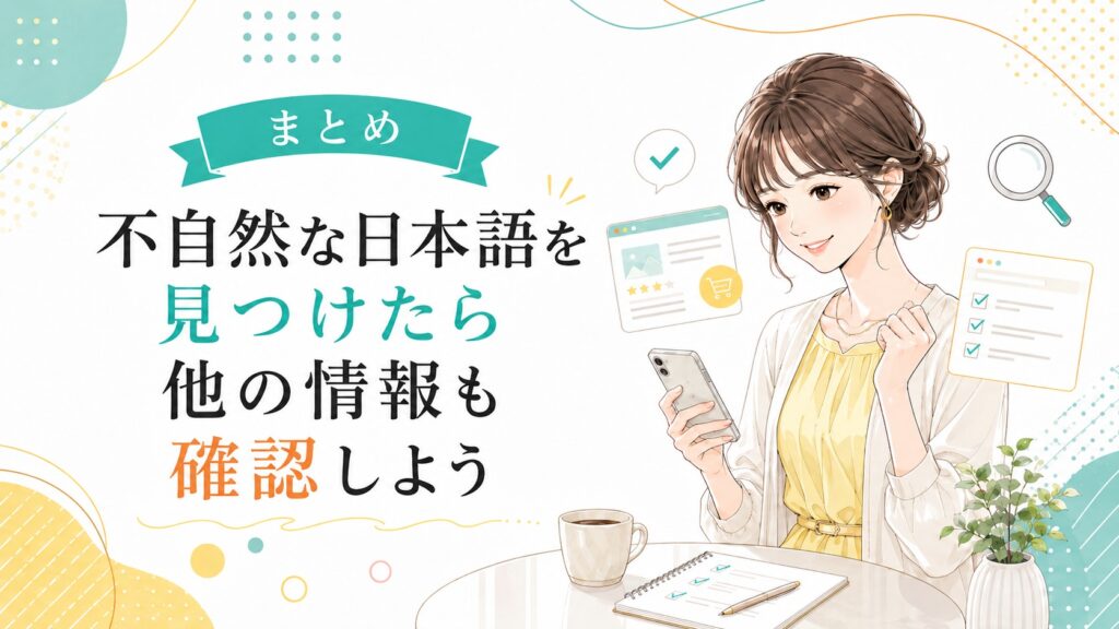 不自然な日本語を見つけた海外通販サイトで、商品情報やチェック項目を確認する女性のイラスト