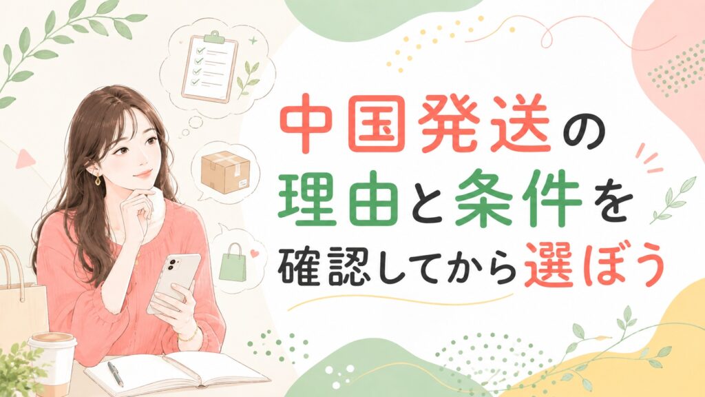 スマホとノートを前に考える女性を描き、「中国発送の理由と条件を確認してから選ぼう」と大きく配置した、ナチュラルで清潔感のあるイラスト。