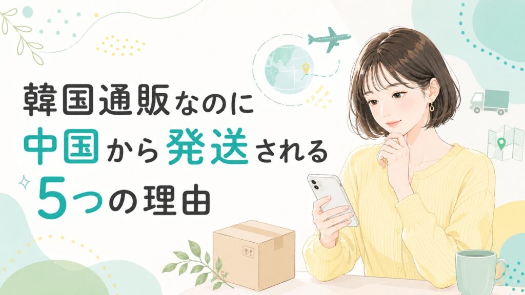 スマホを見つめる若い女性と配送をイメージした飛行機や地球、段ボールのモチーフを描き、「韓国通販なのに中国から発送される5つの理由」と大きく入れたイラスト。