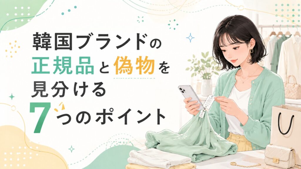 韓国ブランドの商品タグとスマートフォンを確認し正規品と偽物を見分ける女性のイラスト