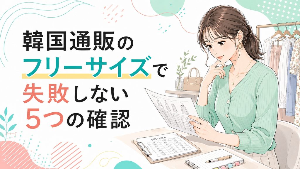 韓国通販のフリーサイズで失敗しないために、サイズ表や実寸を確認する女性のイラスト