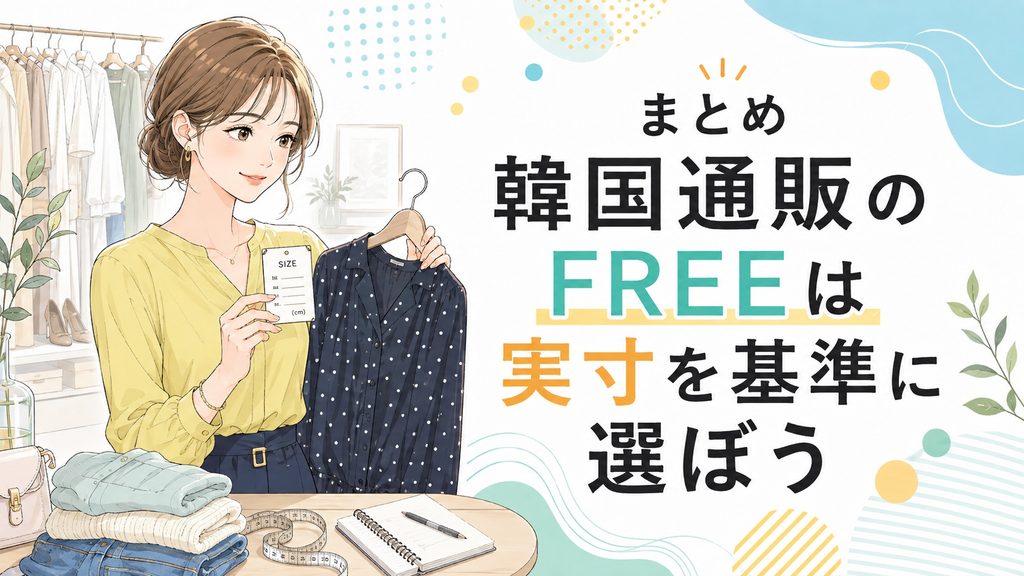 韓国通販のFREEサイズを選ぶために、洋服のサイズタグと実寸を確認する女性のイラスト