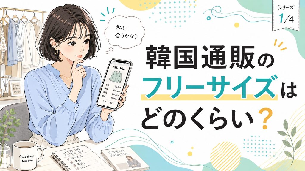 韓国通販のフリーサイズについて、スマートフォンの商品ページを見ながらサイズ情報を確認する女性のイラスト