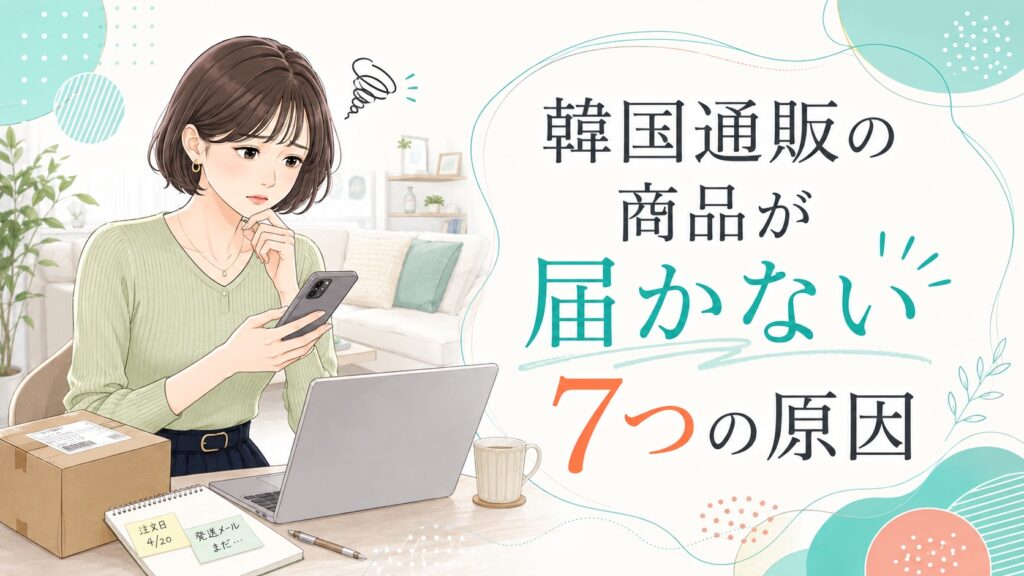 韓国通販の商品が届かず、スマホを見ながら不安そうに確認する女性と「韓国通販の商品が届かない7つの原因」という見出しのイラスト
