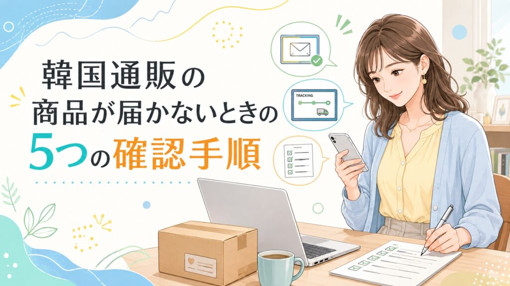韓国通販の商品が届かないときに、スマホとチェックリストを見ながら確認する女性と「5つの確認手順」という見出しのイラスト