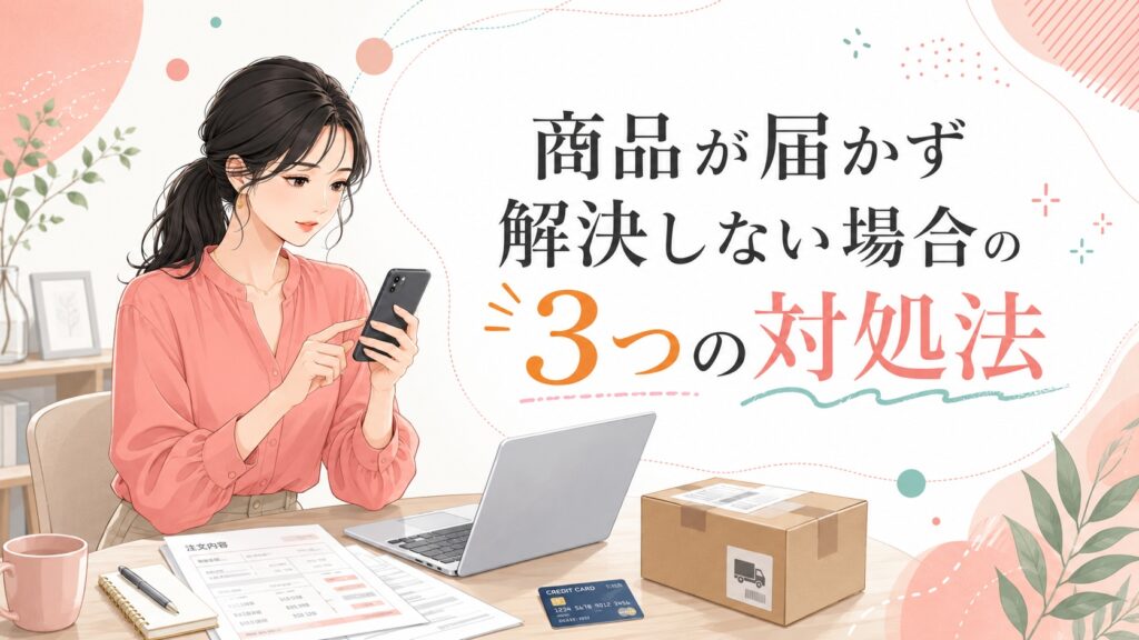 韓国通販の商品が届かず、スマホで状況を調べる女性と「商品が届かず解決しない場合の3つの対処法」という見出しのイラスト