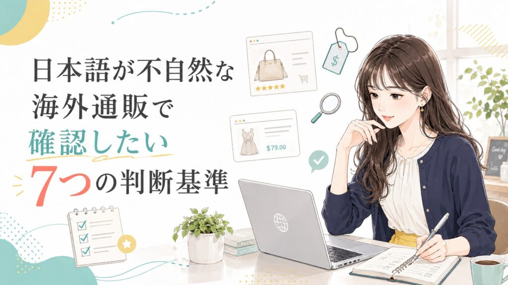 海外通販サイトの情報をパソコンやチェックリストで確認し、7つの判断基準を調べる女性のイラスト