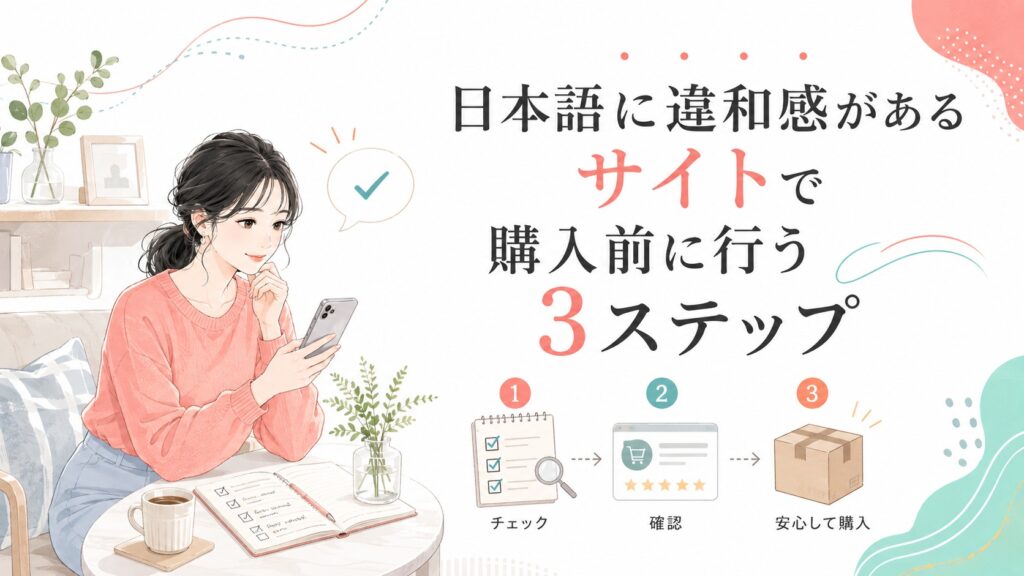 日本語に違和感がある海外通販サイトをスマートフォンで確認し、購入前の3ステップをチェックする女性のイラスト