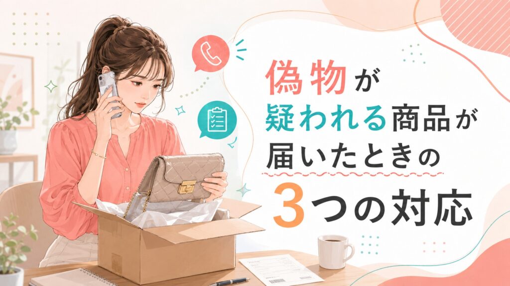 届いた商品を確認しながら販売店へ問い合わせる女性のイラスト