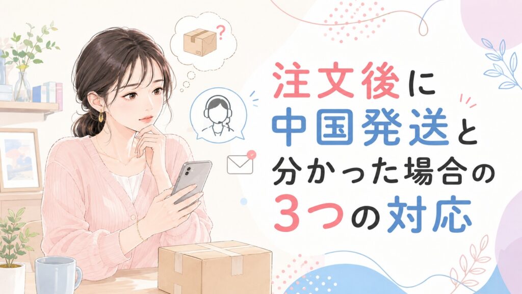 届いた段ボールとスマホを見る女性を描き、「注文後に中国発送と分かった場合の3つの対応」という見出しを大きく配置した、やわらかな色合いのイラスト。