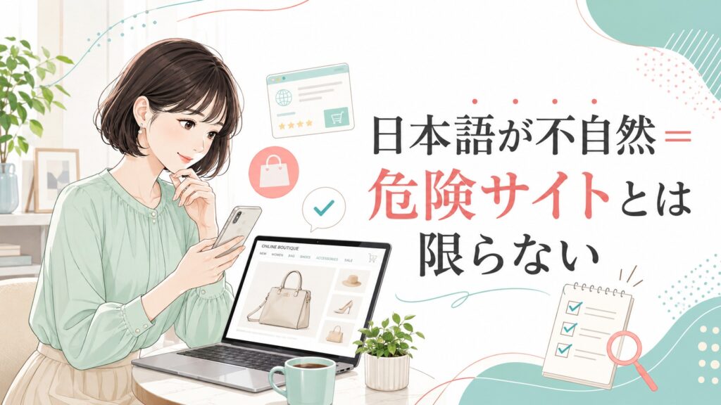 海外通販サイトをスマートフォンとパソコンで確認し、日本語が不自然でも危険サイトとは限らないことを考える女性のイラスト
