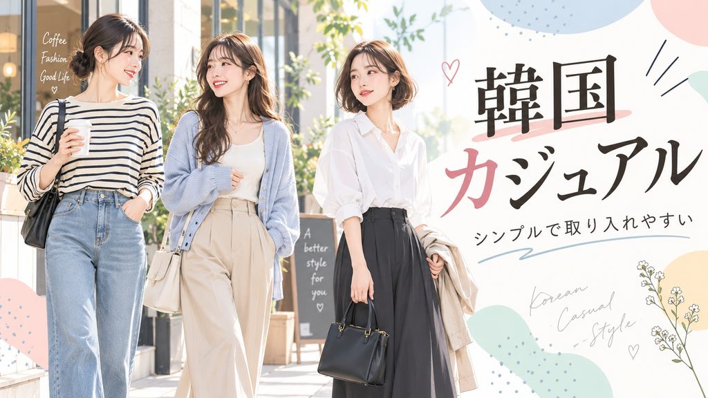 韓国カジュアルのシンプルで取り入れやすいコーディネートを着こなす3人の女性。デニムやカーディガン、ブラウスを使った自然体で上品な韓国ファッションを紹介したイラスト。