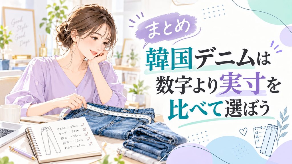 韓国デニムの数字サイズと実寸をメジャーで比較して選ぶ女性のイラスト
