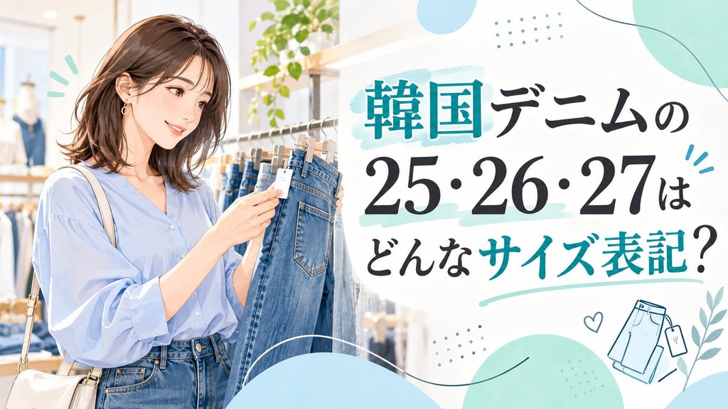 韓国デニムの25・26・27などのサイズ表記を確認する女性のイラスト