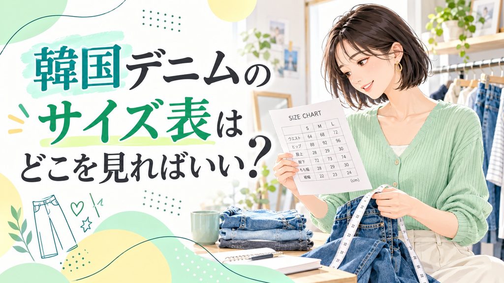 韓国デニムのサイズ表を見ながらウエストや股下などの実寸を確認する女性のイラスト