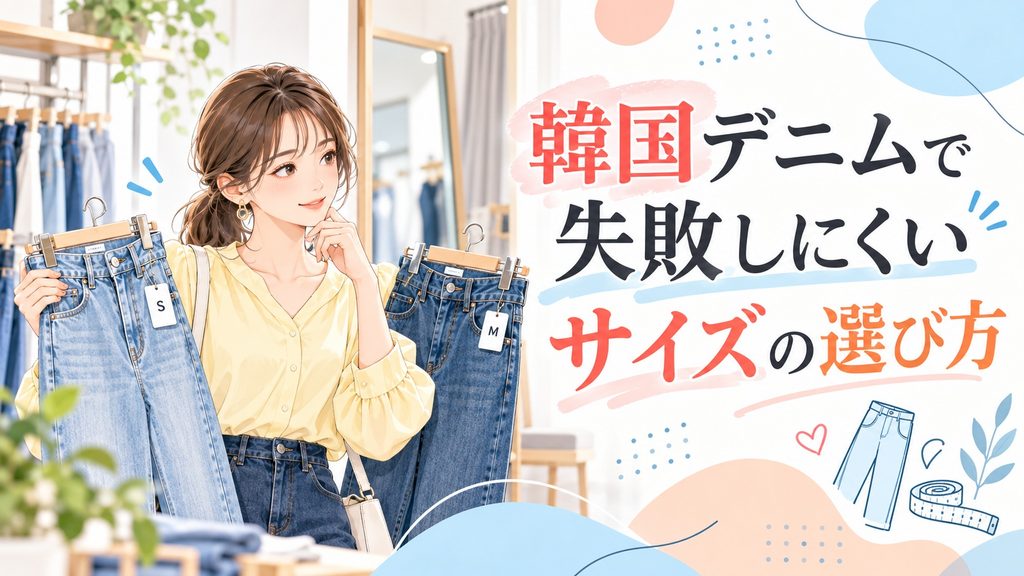韓国デニムを比較しながら失敗しにくいサイズを選ぶ女性のイラスト