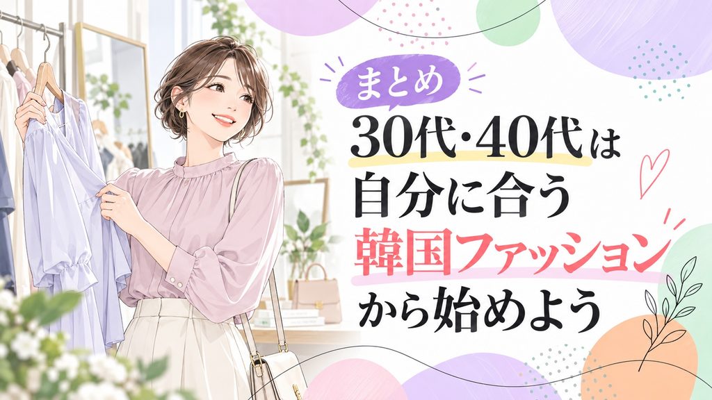 30代・40代が自分に合う韓国ファッションを選ぶ様子を描いたまとめイラスト