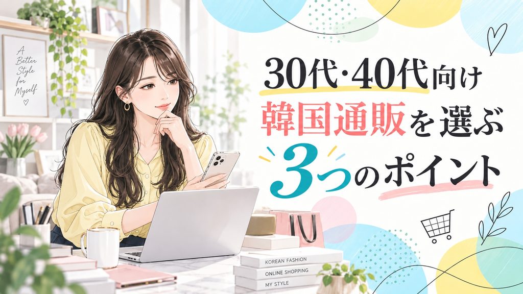 30代・40代向け韓国通販を選ぶ3つのポイントを紹介する女性向けイラスト