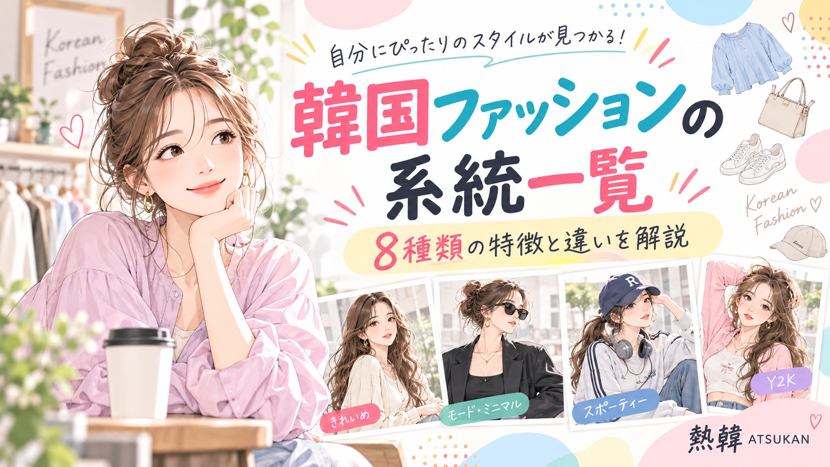 韓国ファッションの系統一覧を紹介するサムネイル画像。女性モデルと、きれいめ・モードミニマル・スポーティー・Y2Kなど異なるスタイル例を並べ、8種類の特徴と違いを分かりやすく表現したイラスト。
