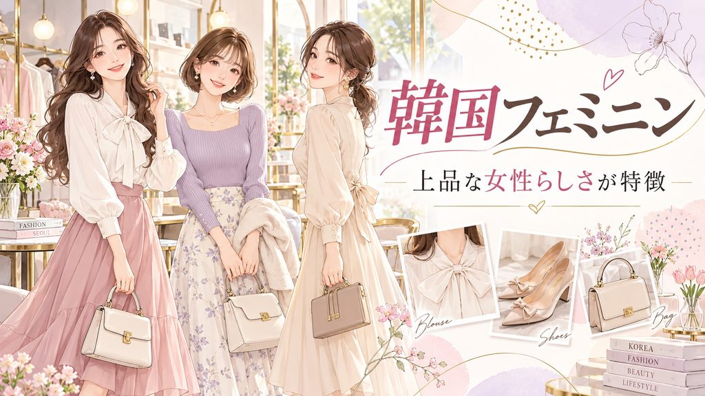 韓国フェミニンの上品で女性らしいコーディネートを着こなす3人の女性。ブラウスやフレアスカート、ニット、ワンピースなどを取り入れた、やわらかく洗練された韓国ファッションを紹介したイラスト。