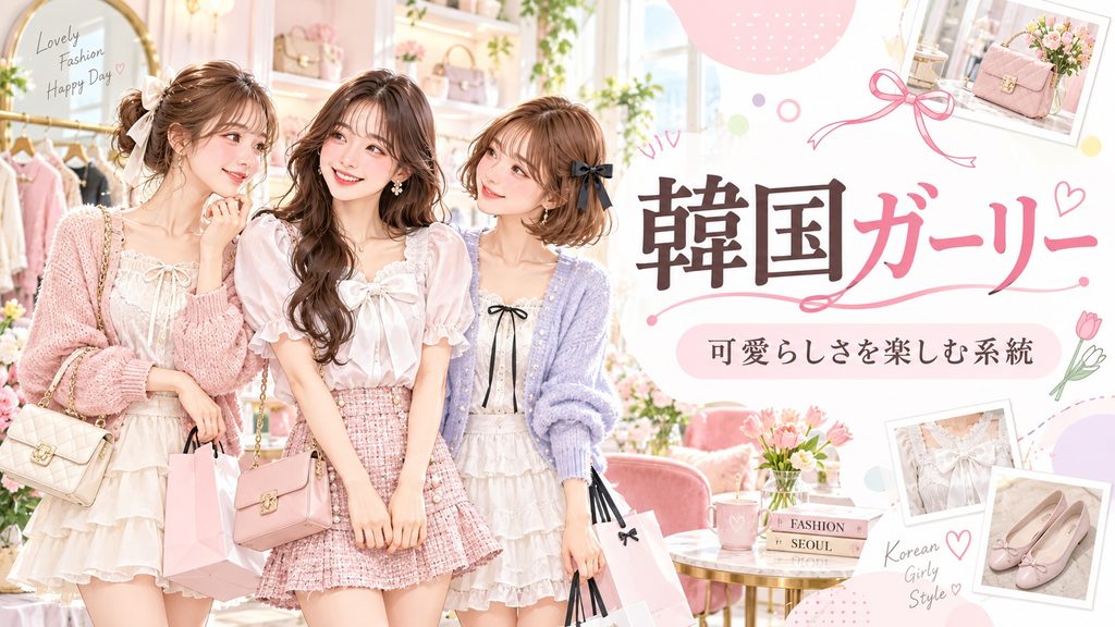 韓国ガーリーの可愛らしいコーディネートを着こなす3人の女性。リボンやフリル、レース、ミニスカート、淡いピンクやラベンダーのアイテムを取り入れた甘めの韓国ファッションを紹介したイラスト。