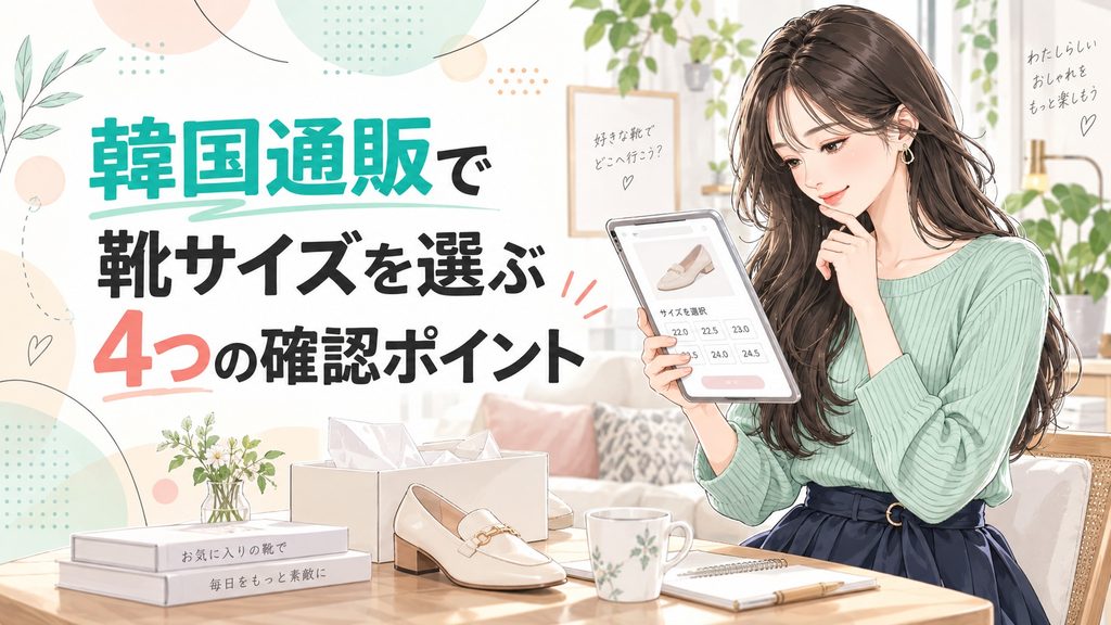 韓国通販で靴サイズを選ぶ4つの確認ポイントをタブレットで確認する女性のイラスト